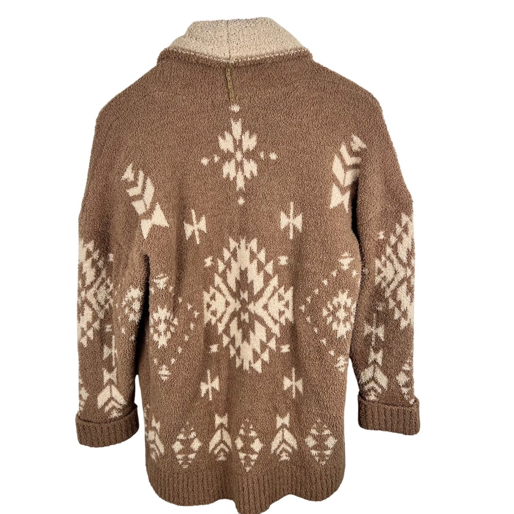 Brown Aztec Western Plush Oversized Cardigan Small Cozy Cabin Chunky Knit